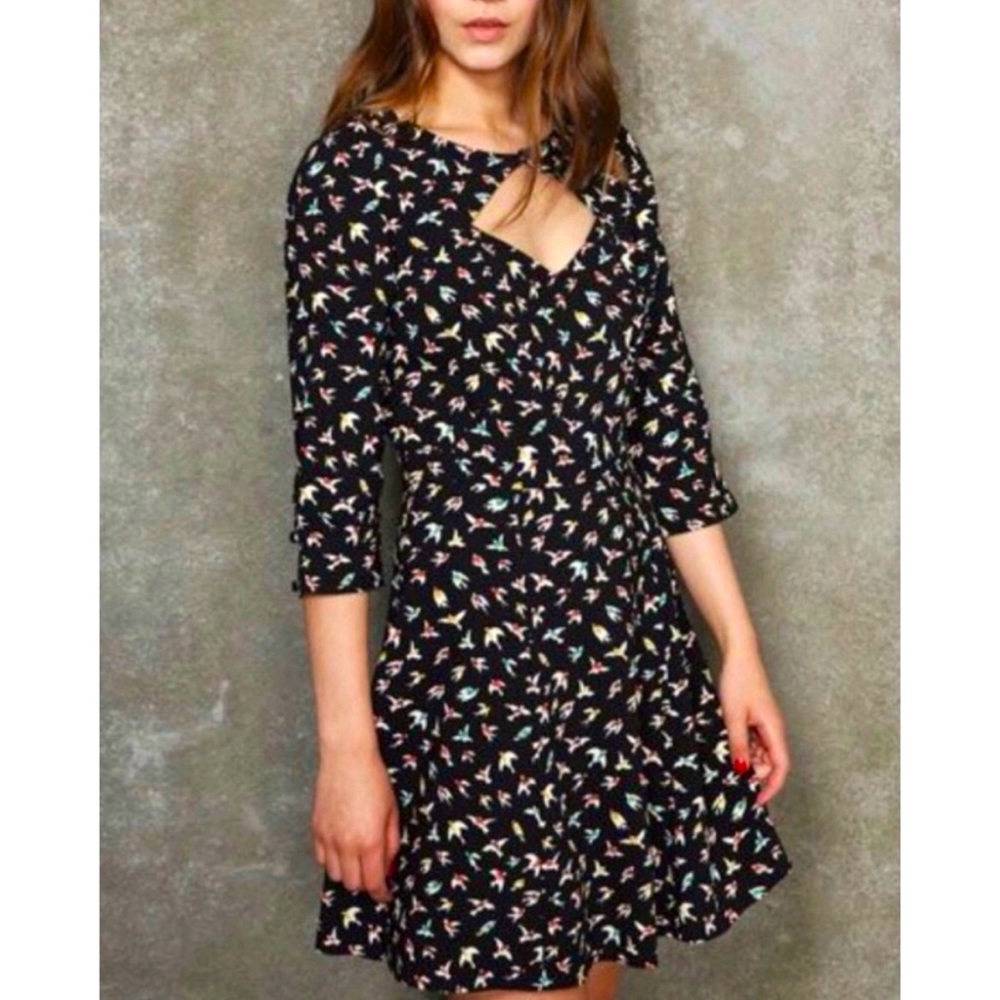 Cooperative by Urban Outfitters Black Bird Print Quarter Sleeve Dress Womens 6